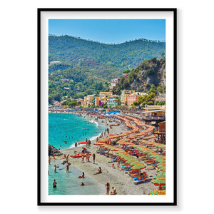 Monterosso al Mare beach with colorful umbrellas and turquoise water, Cinque Terre Italy, photography print by Remy Gerega
