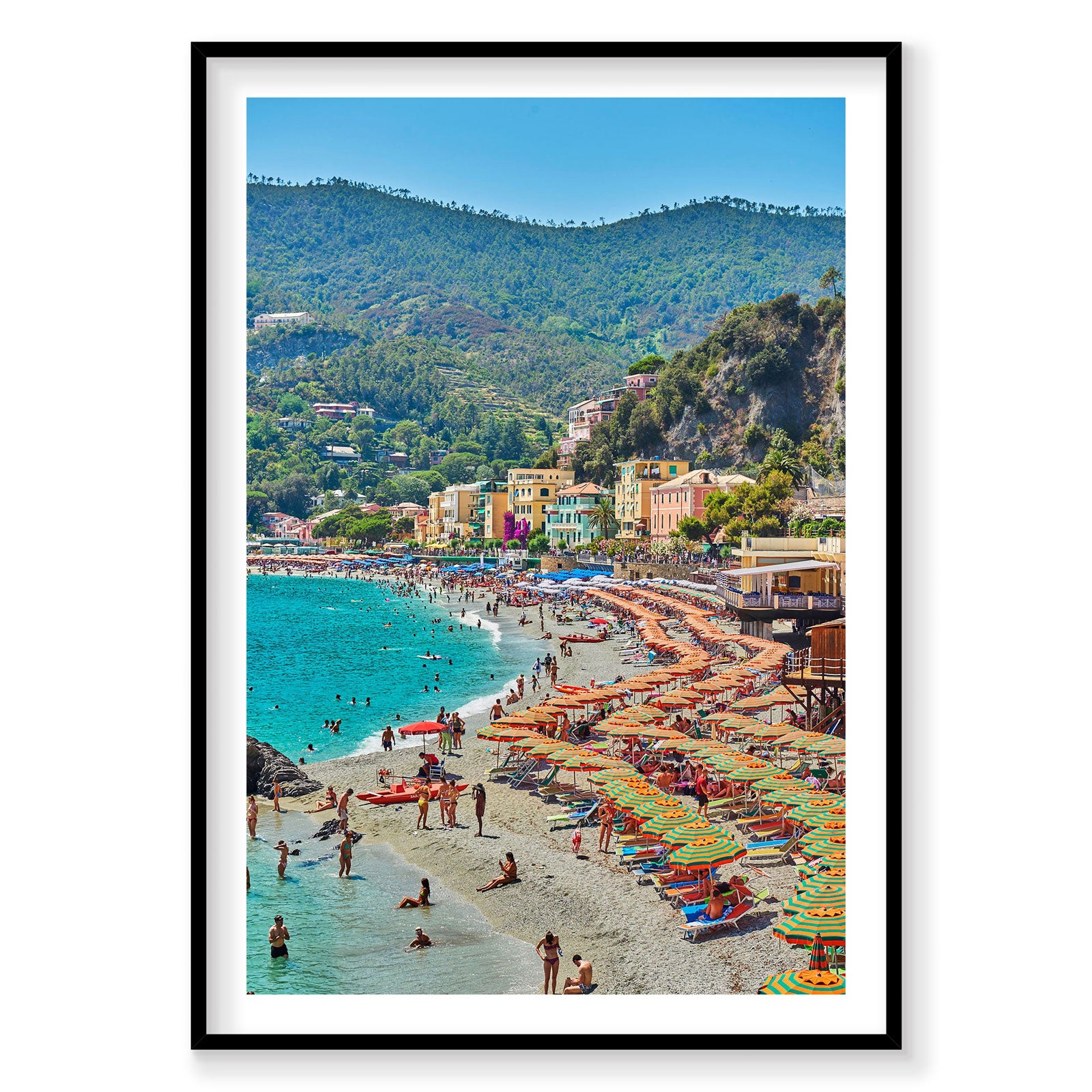 Monterosso al Mare beach with colorful umbrellas and turquoise water, Cinque Terre Italy, photography print by Remy Gerega