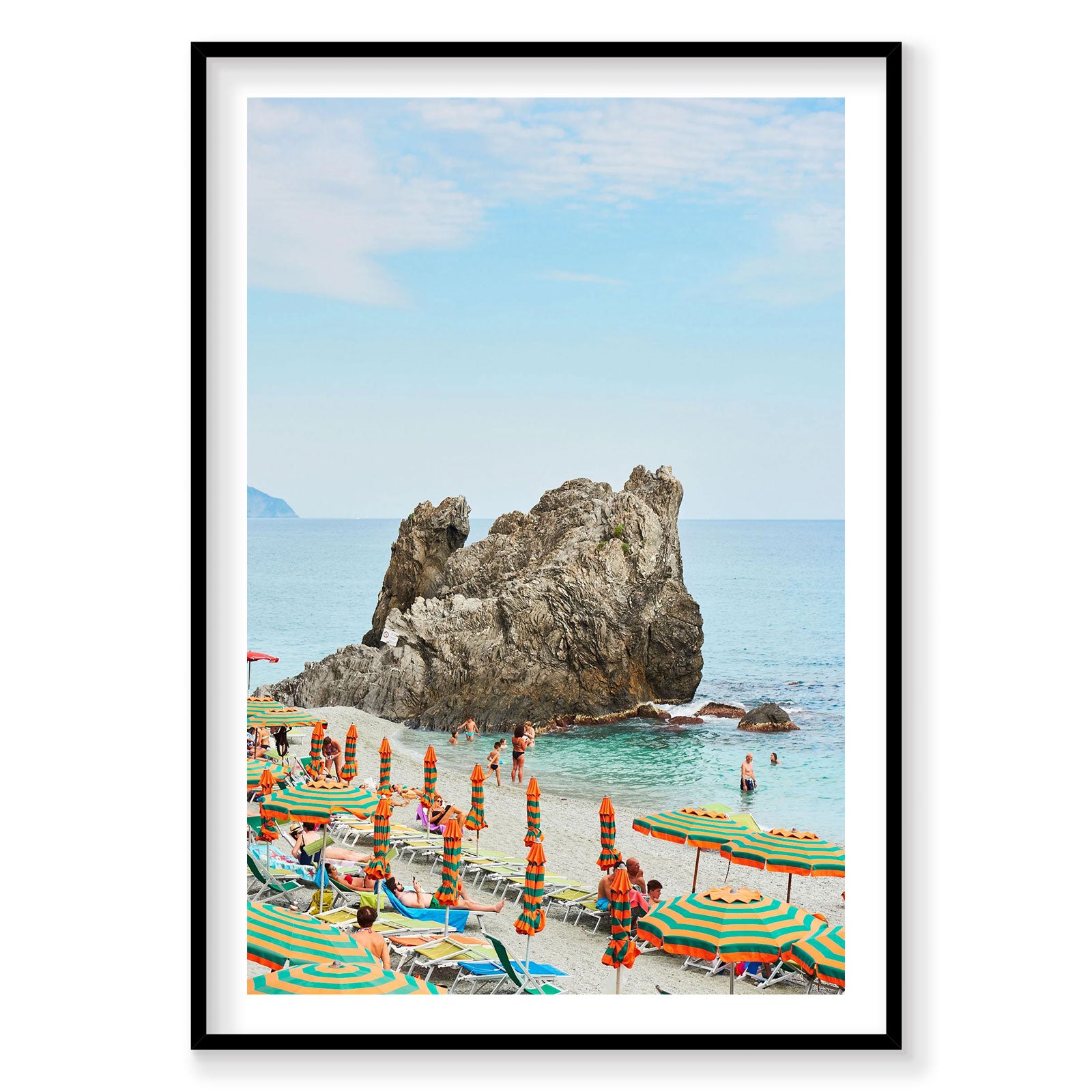 Colorful striped beach umbrellas and rocky formation at Monterosso, Cinque Terre, photography print by Remy Gerega