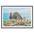 Monterosso beach aerial view with colorful striped umbrellas and dramatic rock formation, Cinque Terre, photography print ...