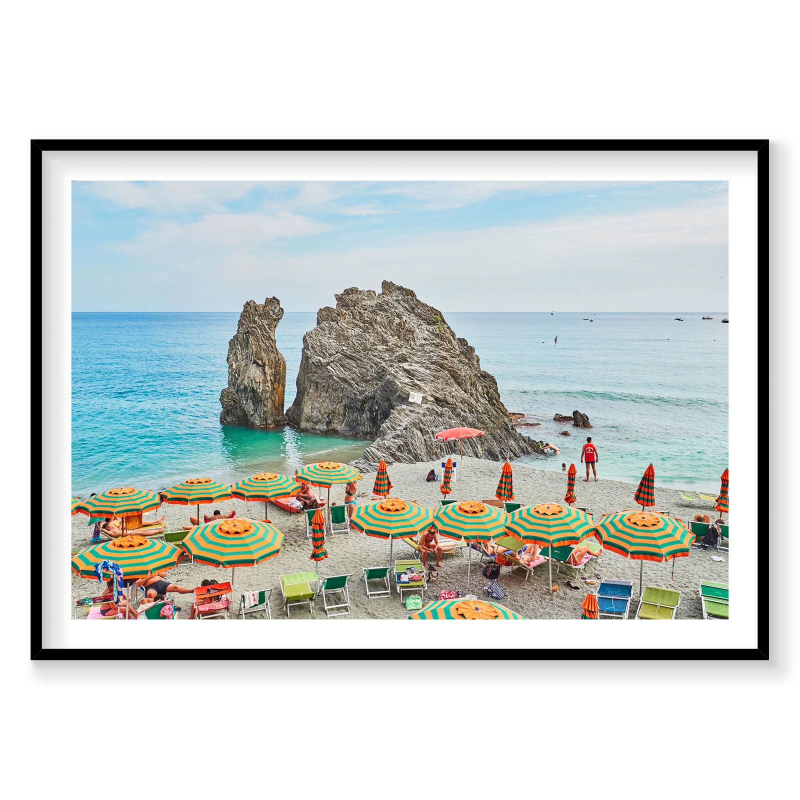 Monterosso beach aerial view with colorful striped umbrellas and dramatic rock formation, Cinque Terre, photography print ...