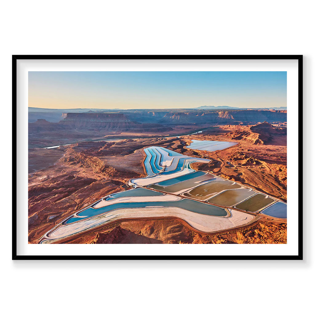Aerial view of blue potash evaporation ponds near Moab Utah desert landscape, photography print by Remy Gerega
