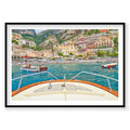 Positano Amalfi Coast from luxury yacht bow, turquoise waters and colorful cliffside village, photography print by Remy Ge...