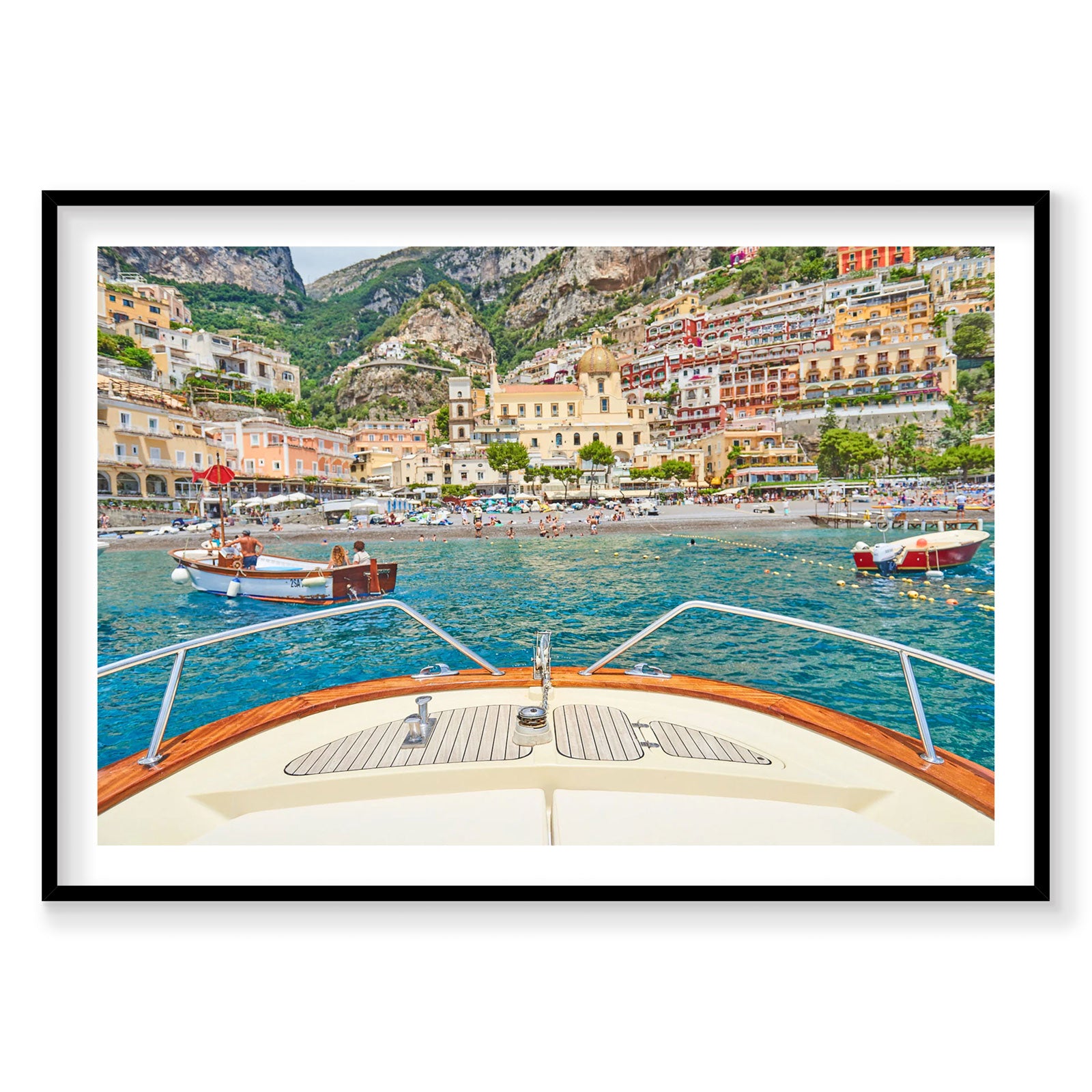 Positano Amalfi Coast from luxury yacht bow, turquoise waters and colorful cliffside village, photography print by Remy Ge...