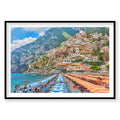Positano beach with colorful umbrellas and cliffside village, Amalfi Coast Italy, photography print by Remy Gerega