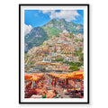 Positano beach with colorful umbrellas and hillside village, Amalfi Coast Italy, photography print by Remy Gerega