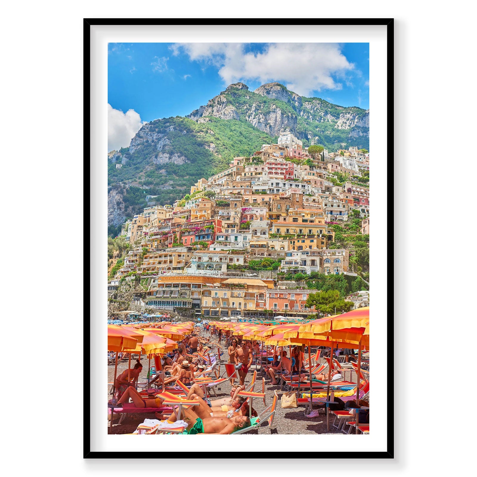 Positano beach with colorful umbrellas and hillside village, Amalfi Coast Italy, photography print by Remy Gerega