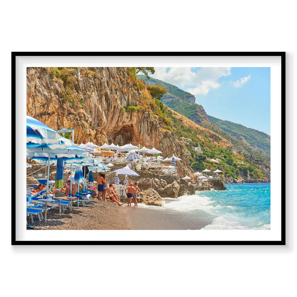 Spiaggia Grande beach Positano Amalfi Coast with blue umbrellas and turquoise sea, photography print by Remy Gerega