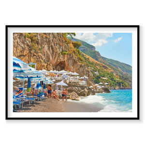 Spiaggia Grande beach Positano Amalfi Coast with blue umbrellas and turquoise sea, photography print by Remy Gerega