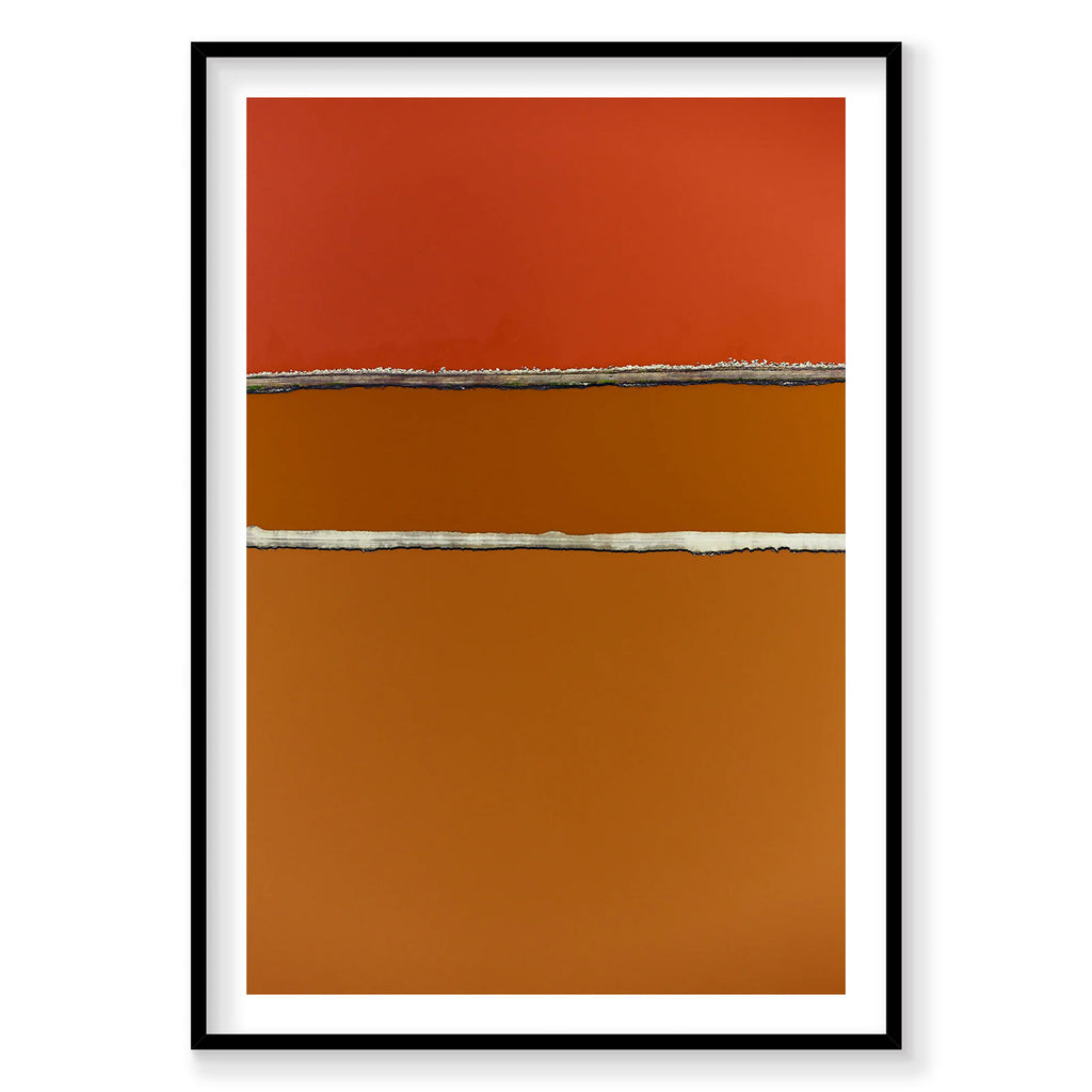 Aerial view of San Francisco Bay salt ponds with red and orange water partitions, photography print by Remy Gerega
