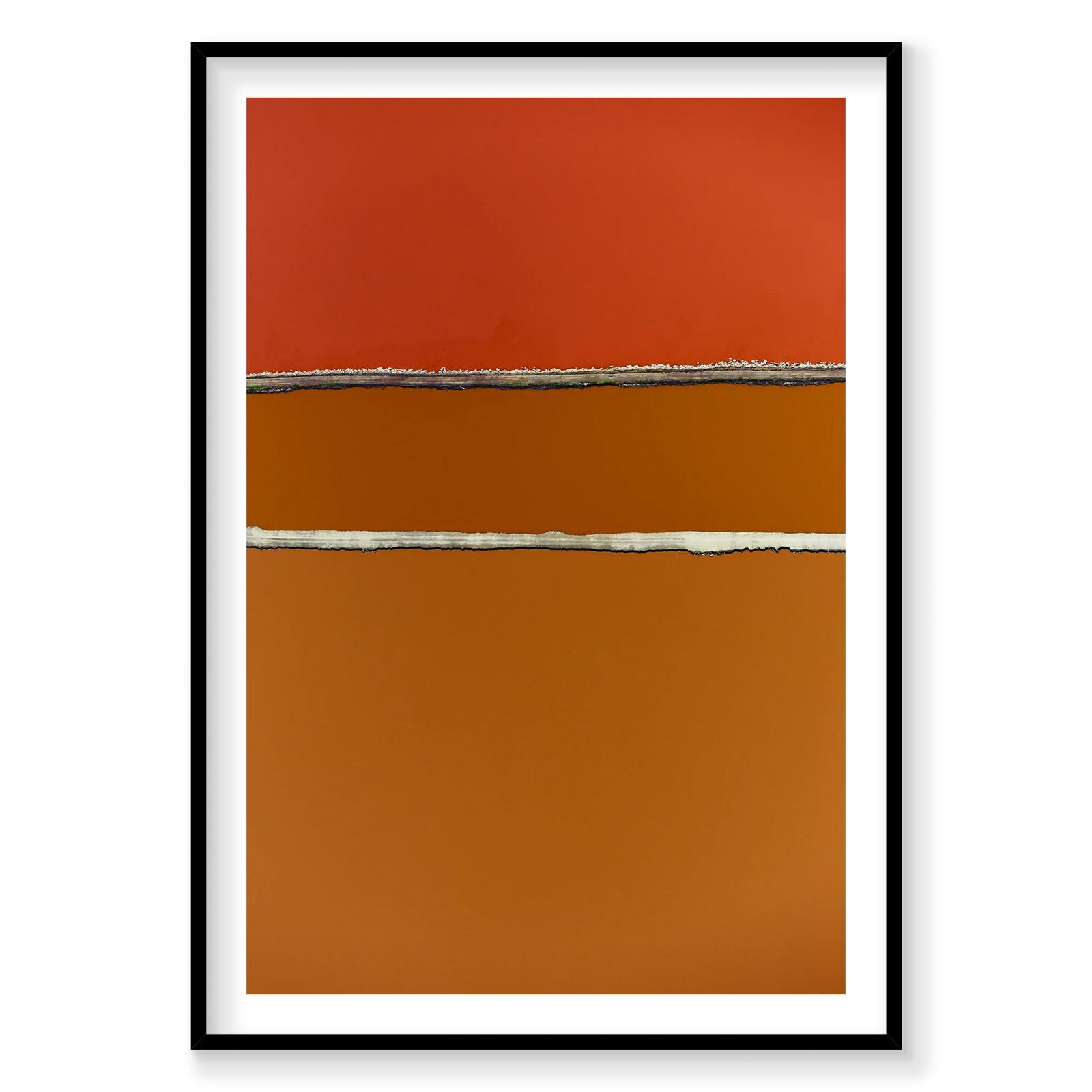 Aerial view of San Francisco Bay salt ponds with red and orange water partitions, photography print by Remy Gerega