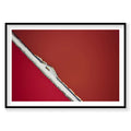 Aerial view of red salt pond with white levee and yellow bulldozer, San Francisco Bay, photography print by Remy Gerega