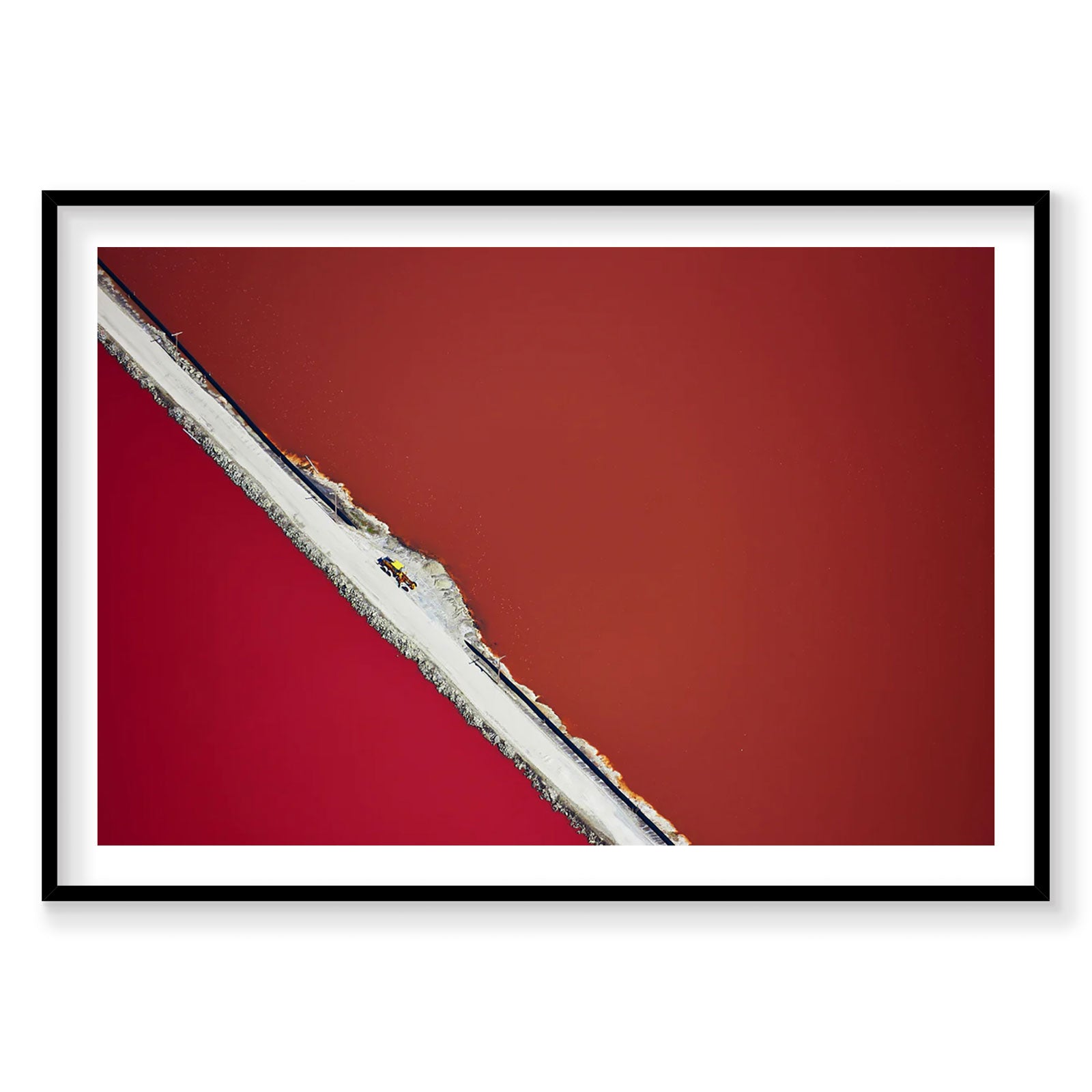 Aerial view of red salt pond with white levee and yellow bulldozer, San Francisco Bay, photography print by Remy Gerega