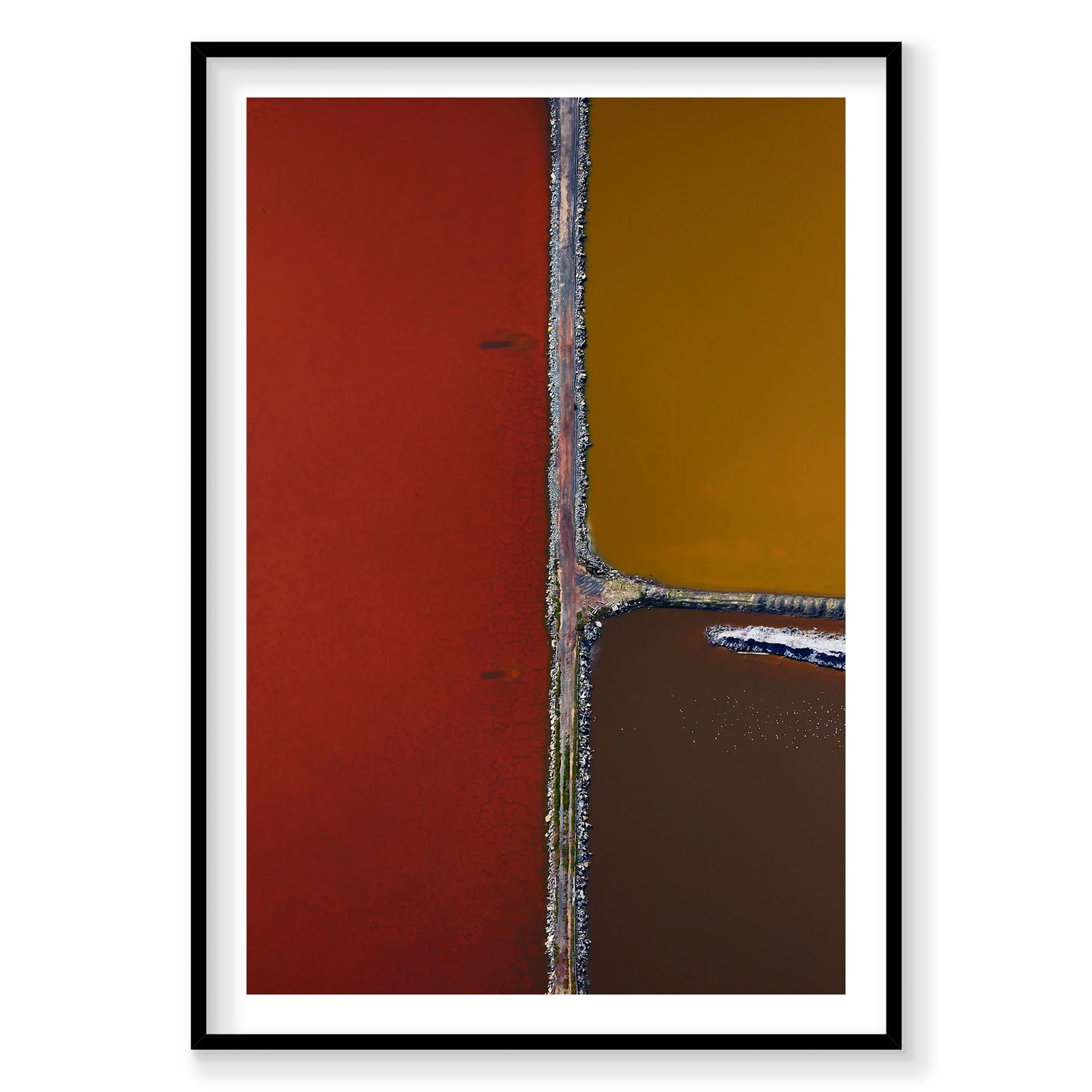 Aerial view of San Francisco Bay salt ponds in red, gold, and brown compartments, photography print by Remy Gerega