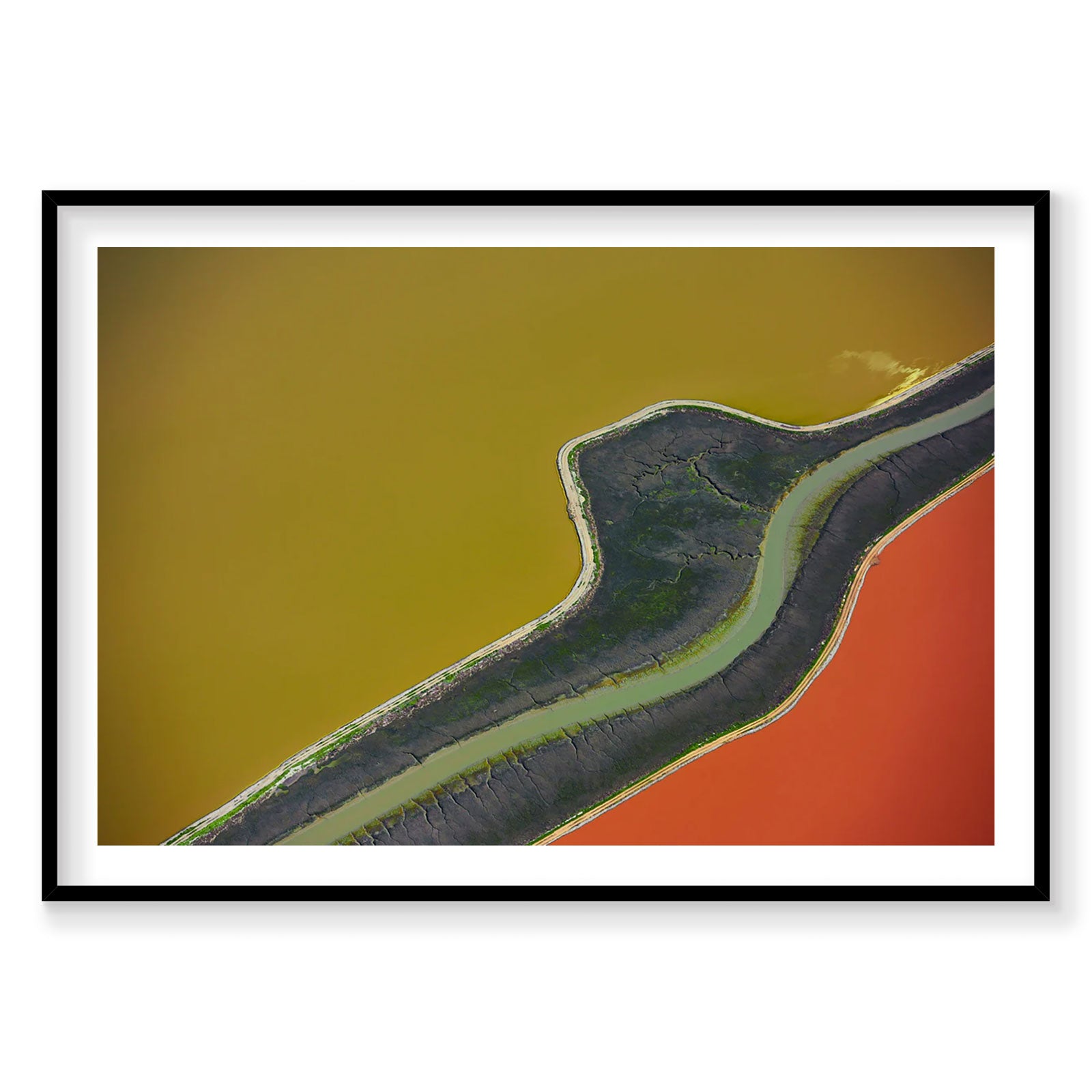 Aerial view of San Francisco Bay salt ponds with bold yellow, orange and green water colors, photography print by Remy Gerega