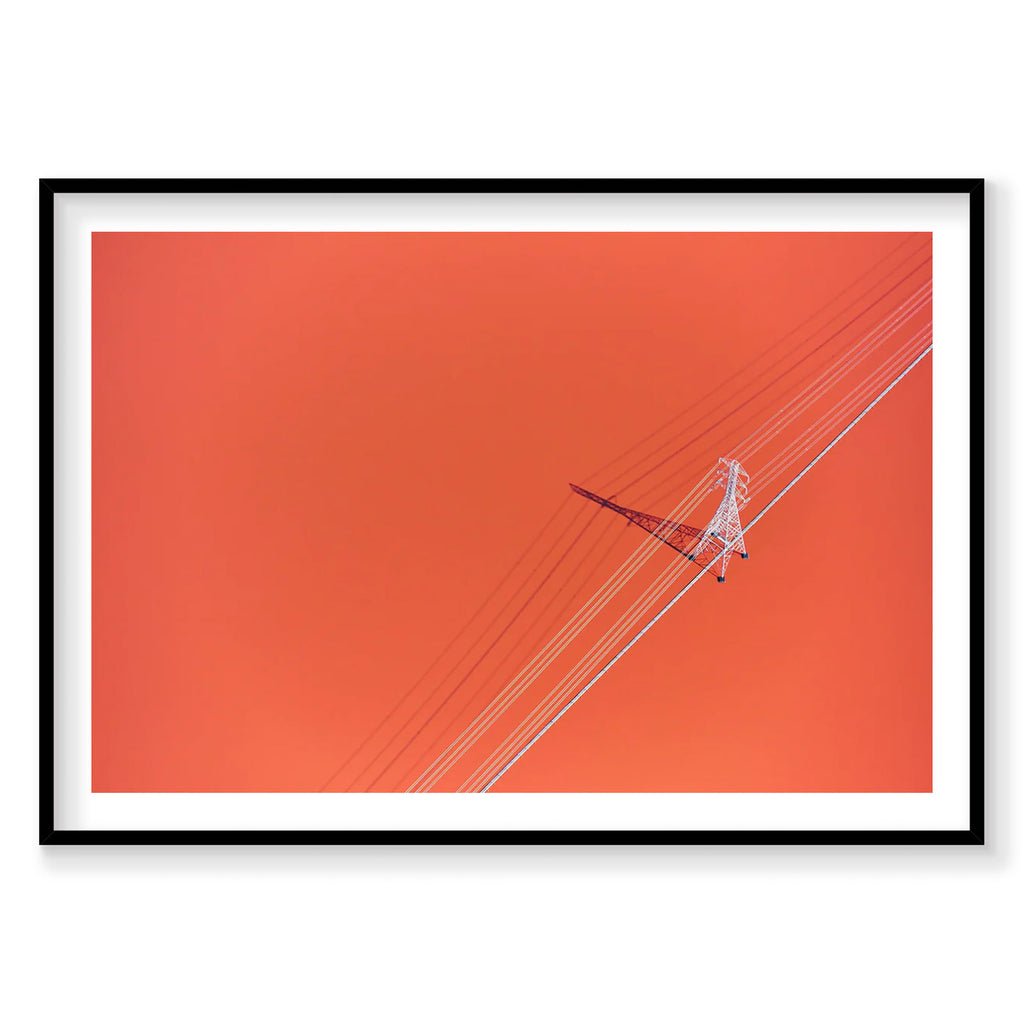 Aerial view of electrical transmission tower and power lines against red sky, San Francisco Bay, photography print by Remy...