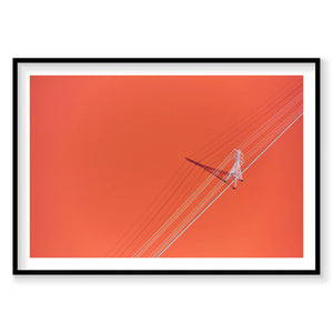 Aerial view of electrical transmission tower and power lines against red sky, San Francisco Bay, photography print by Remy...