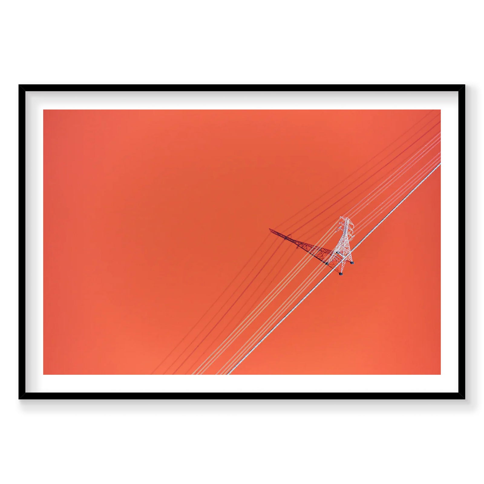 Aerial view of electrical transmission tower and power lines against red sky, San Francisco Bay, photography print by Remy...