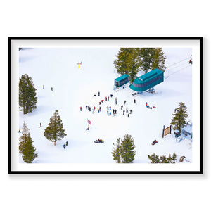 Aerial view of snowy Lake Tahoe ski resort with chairlifts and winter activities, photography print by Remy Gerega