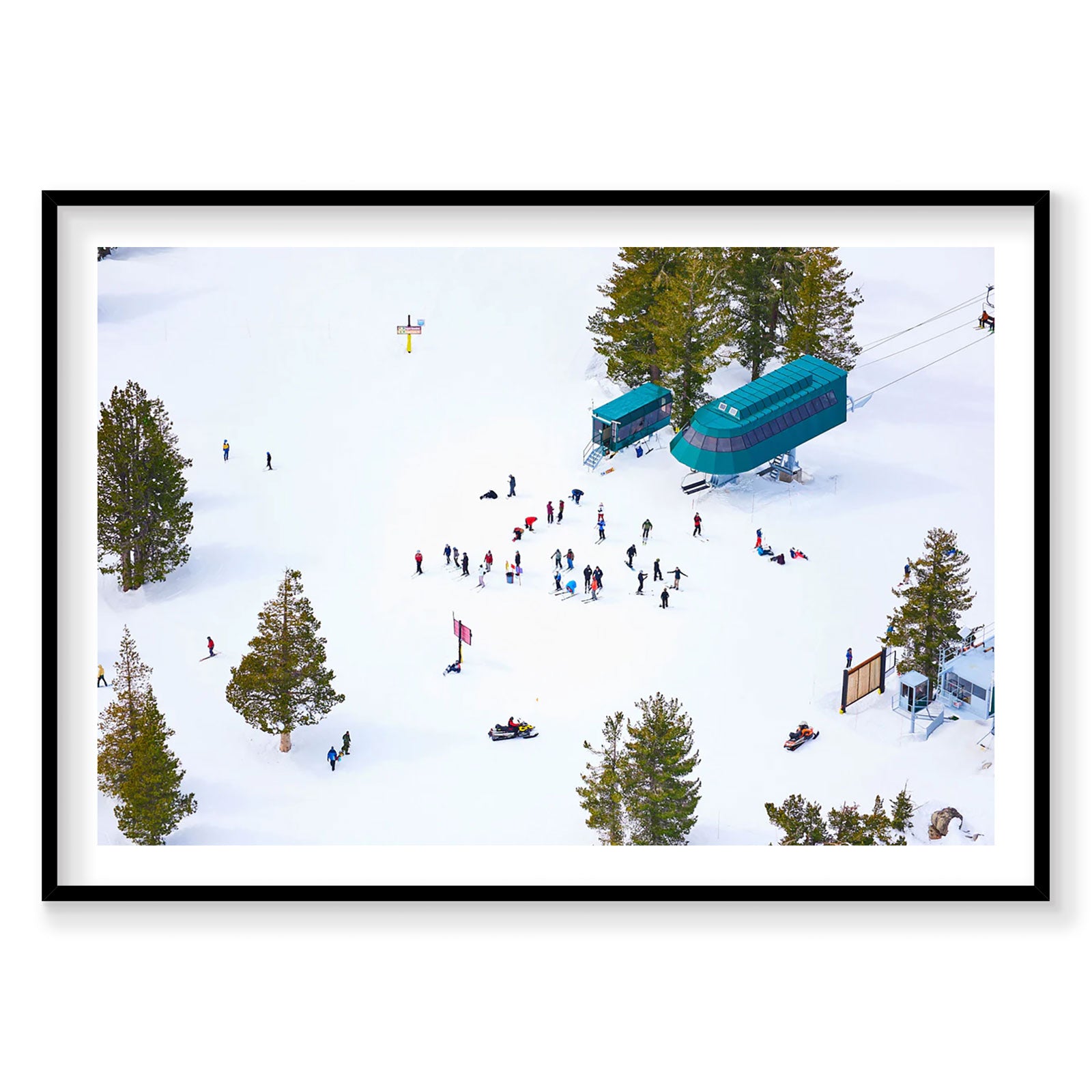 Aerial view of snowy Lake Tahoe ski resort with chairlifts and winter activities, photography print by Remy Gerega