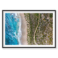 Aerial view of Kalbarri coastal curves with turquoise ocean waves and forest landscape, photography print by Remy Gerega