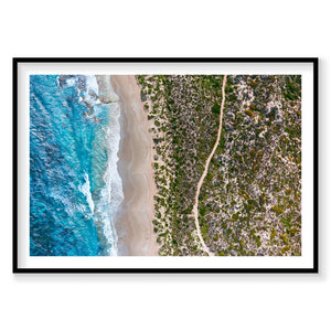 Aerial view of Kalbarri coastal curves with turquoise ocean waves and forest landscape, photography print by Remy Gerega
