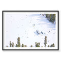 Aerial view of snow-covered Lake Tahoe with boats and skiers from above, photography print by Remy Gerega