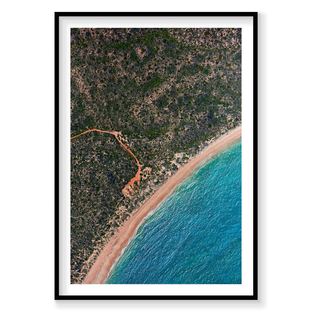 Aerial view of Kalbarri coastline with turquoise ocean, sandy beach and dense forest, photography print by Remy Gerega