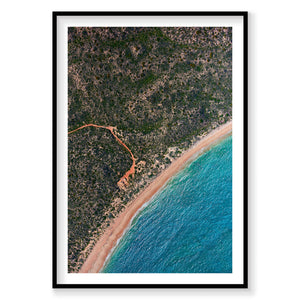 Aerial view of Kalbarri coastline with turquoise ocean, sandy beach and dense forest, photography print by Remy Gerega