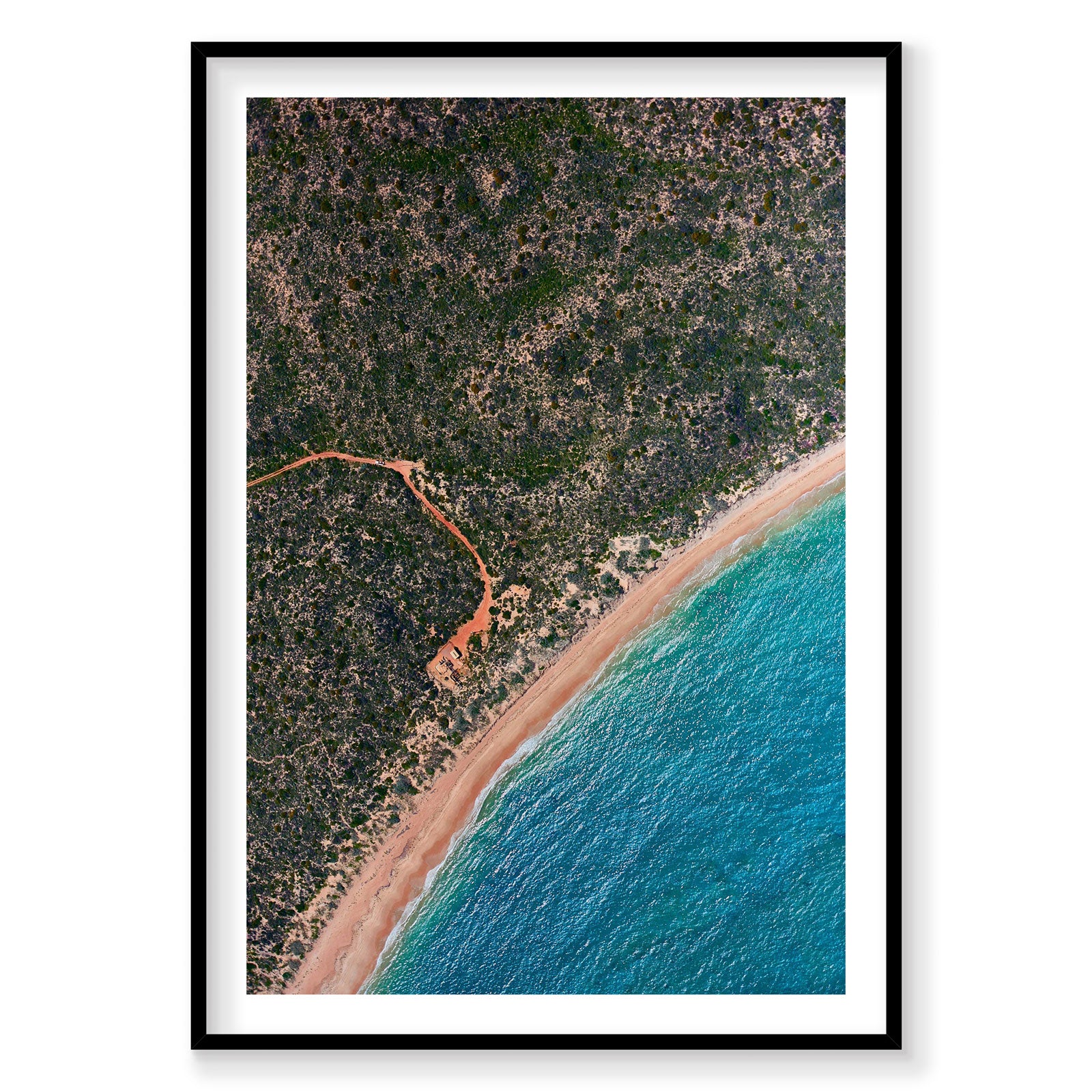 Aerial view of Kalbarri coastline with turquoise ocean, sandy beach and dense forest, photography print by Remy Gerega