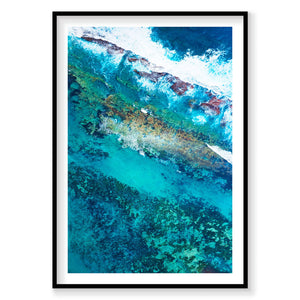 Aerial view of turquoise ocean waters and rocky coastline at Kalbarri, Western Australia, photography print by Remy Gerega