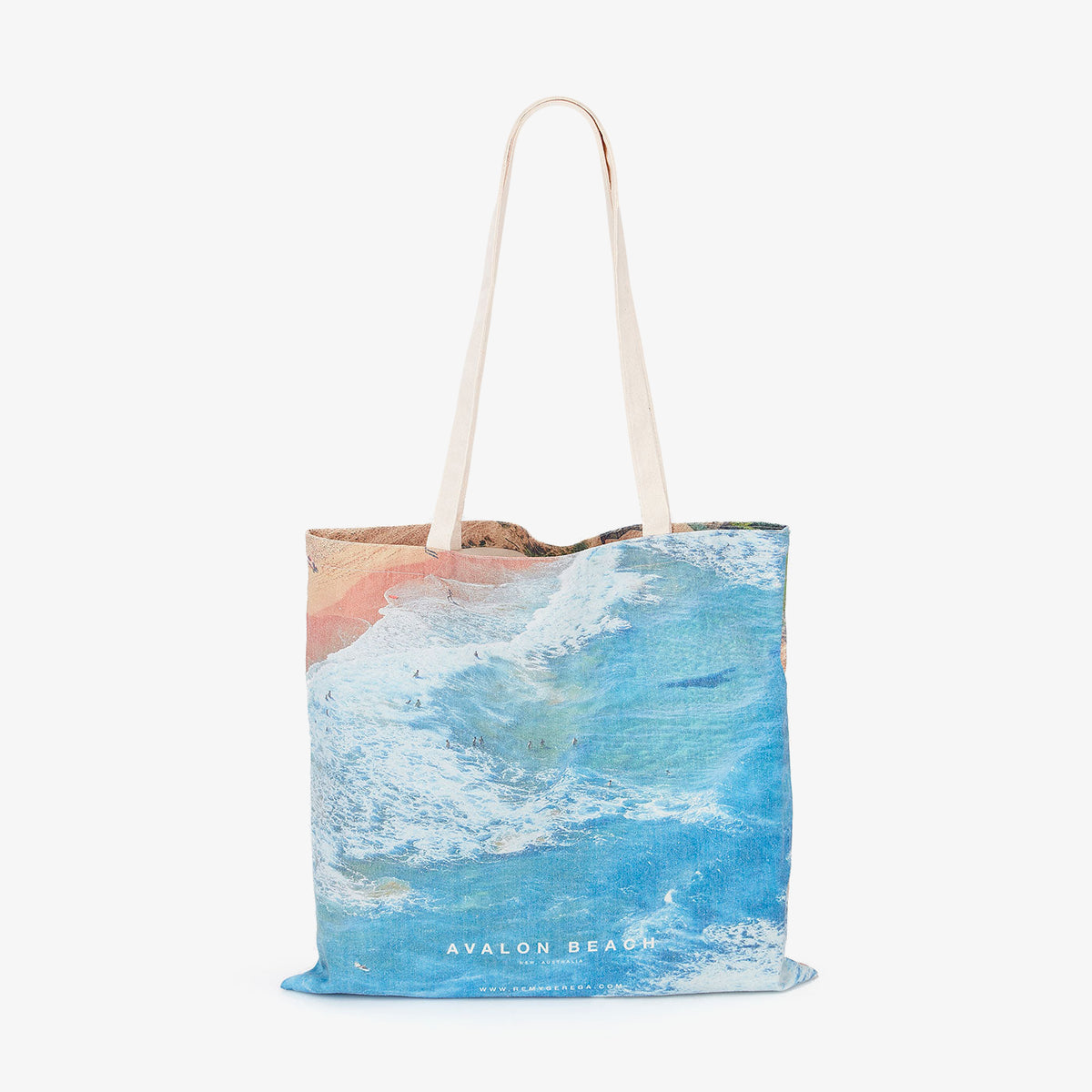 Avalon Beach aerial view with turquoise waves and pink sand, canvas tote bag by Remy Gerega
