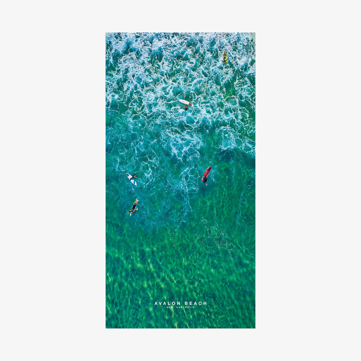 Aerial view of surfers in turquoise waters at Avalon Beach NSW Australia, quick-dry beach towel by Remy Gerega