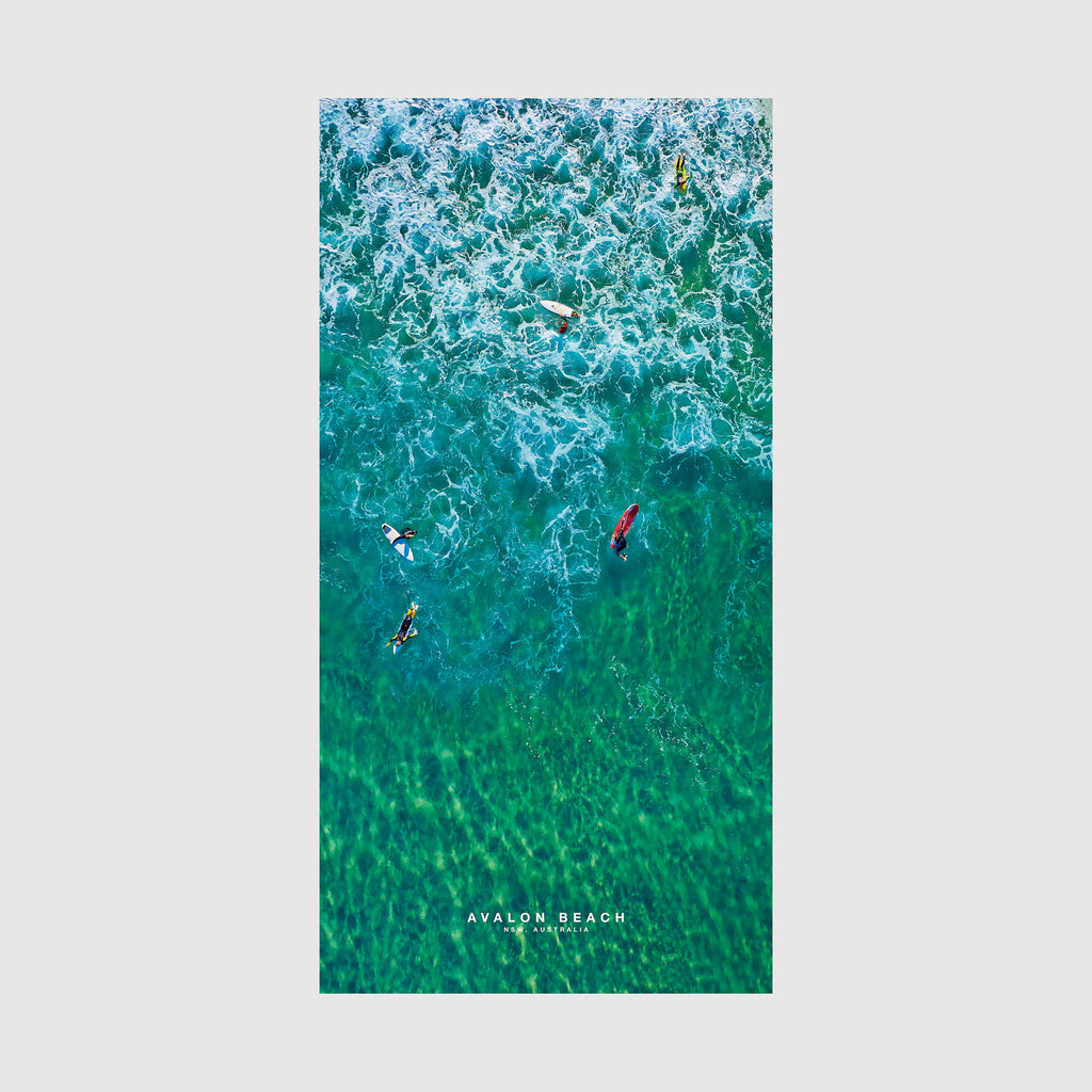 Aerial view of surfers in turquoise waters at Avalon Beach NSW Australia, quick-dry beach towel by Remy Gerega