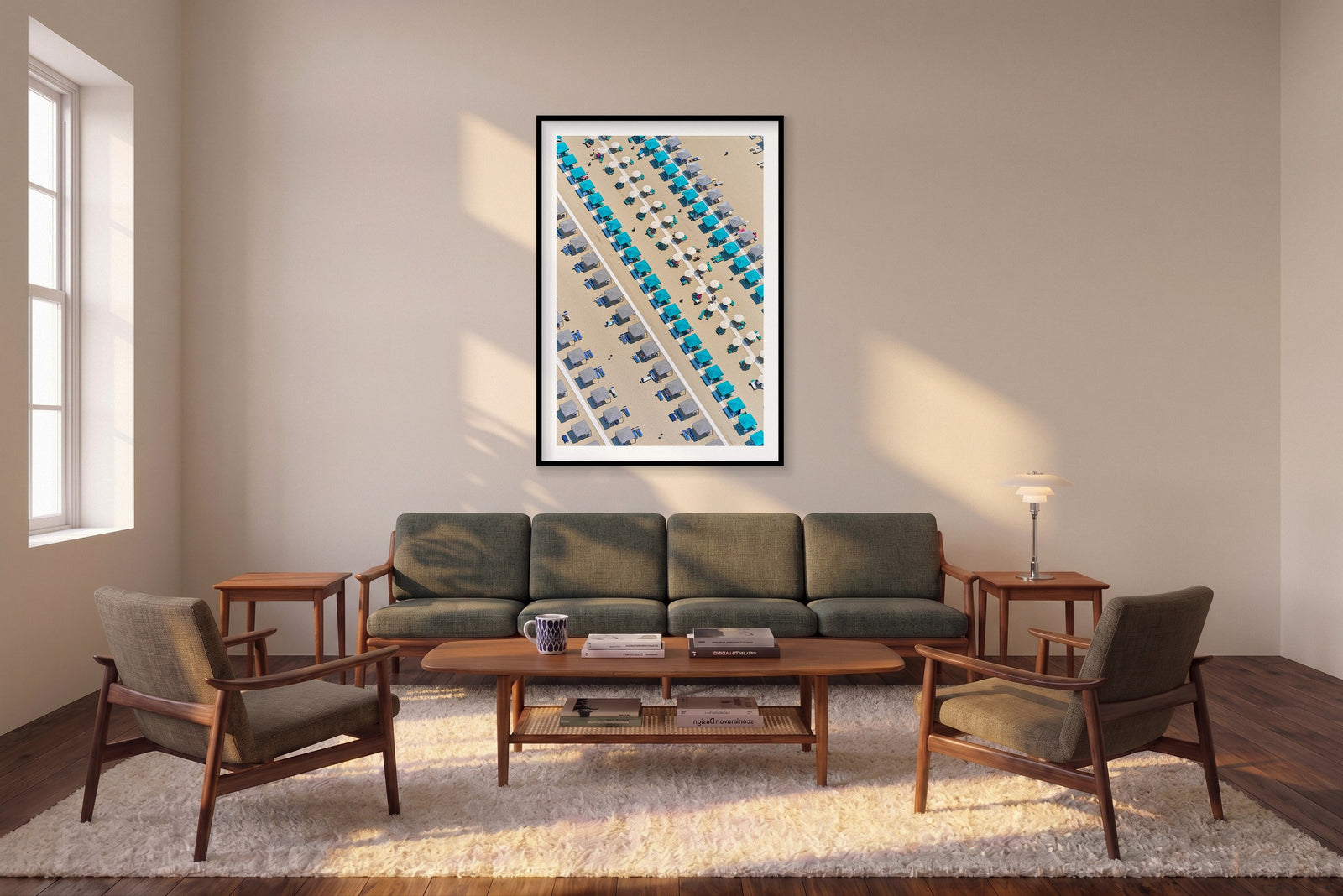 Beach Club, Italy, Vertical Print shown framed in a living room