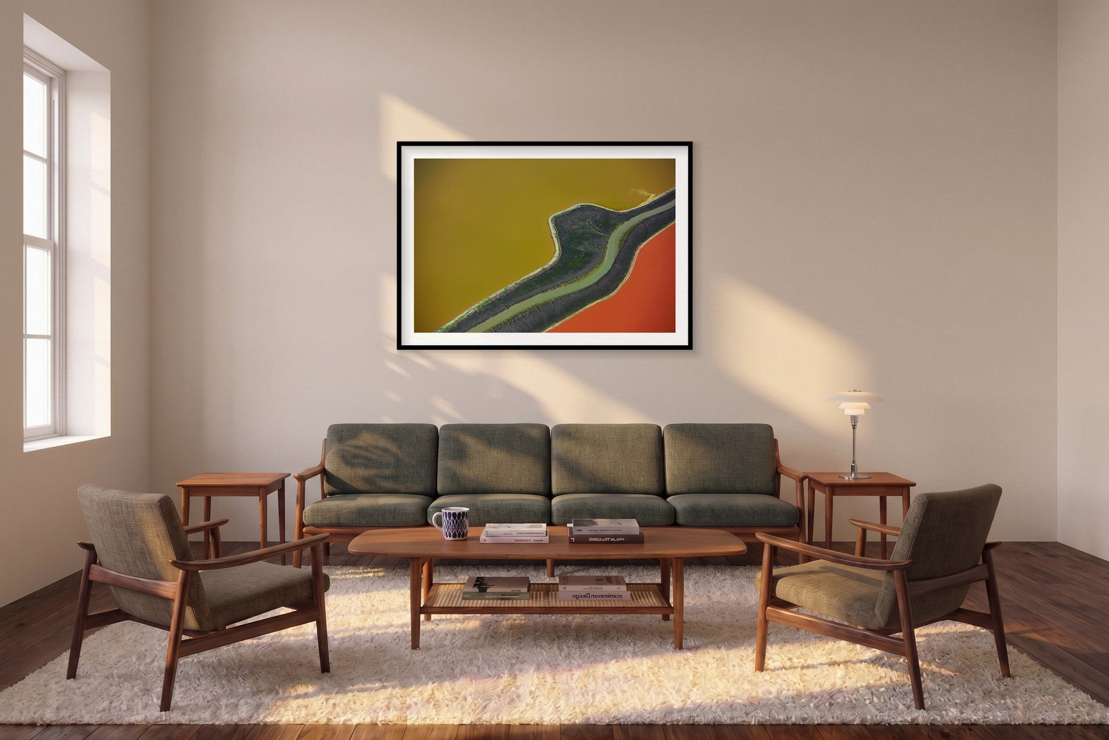 Block Colours, San Francisco Bay, Horizontal Print shown framed in a living room