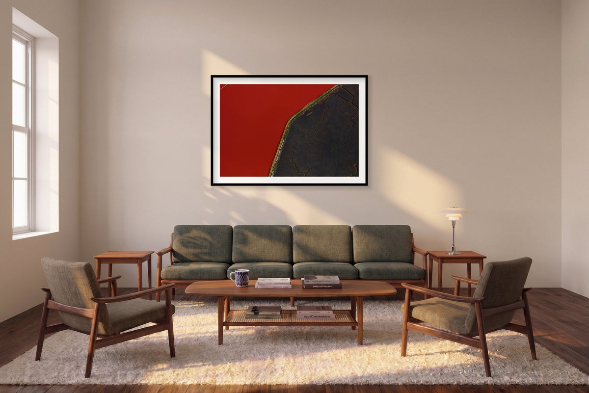 Blood Red, San Francisco Bay, Horizontal Print shown framed in a living room