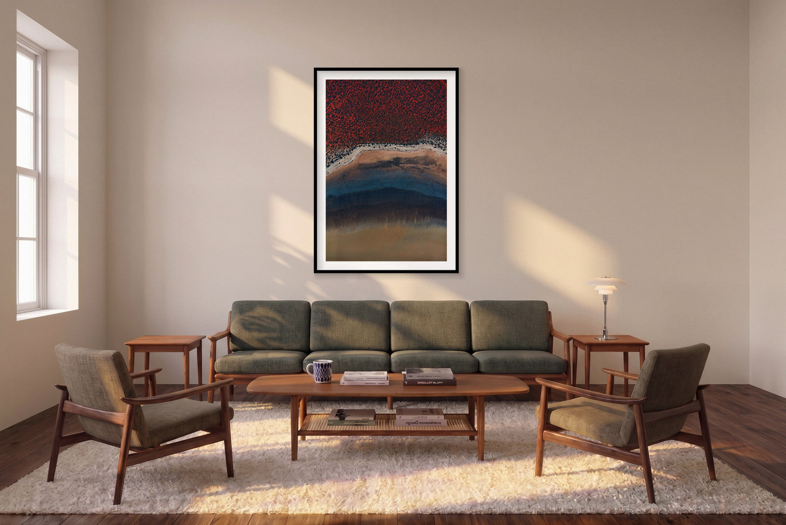 Blue Sand, Shark Bay, Vertical Print shown framed in a living room