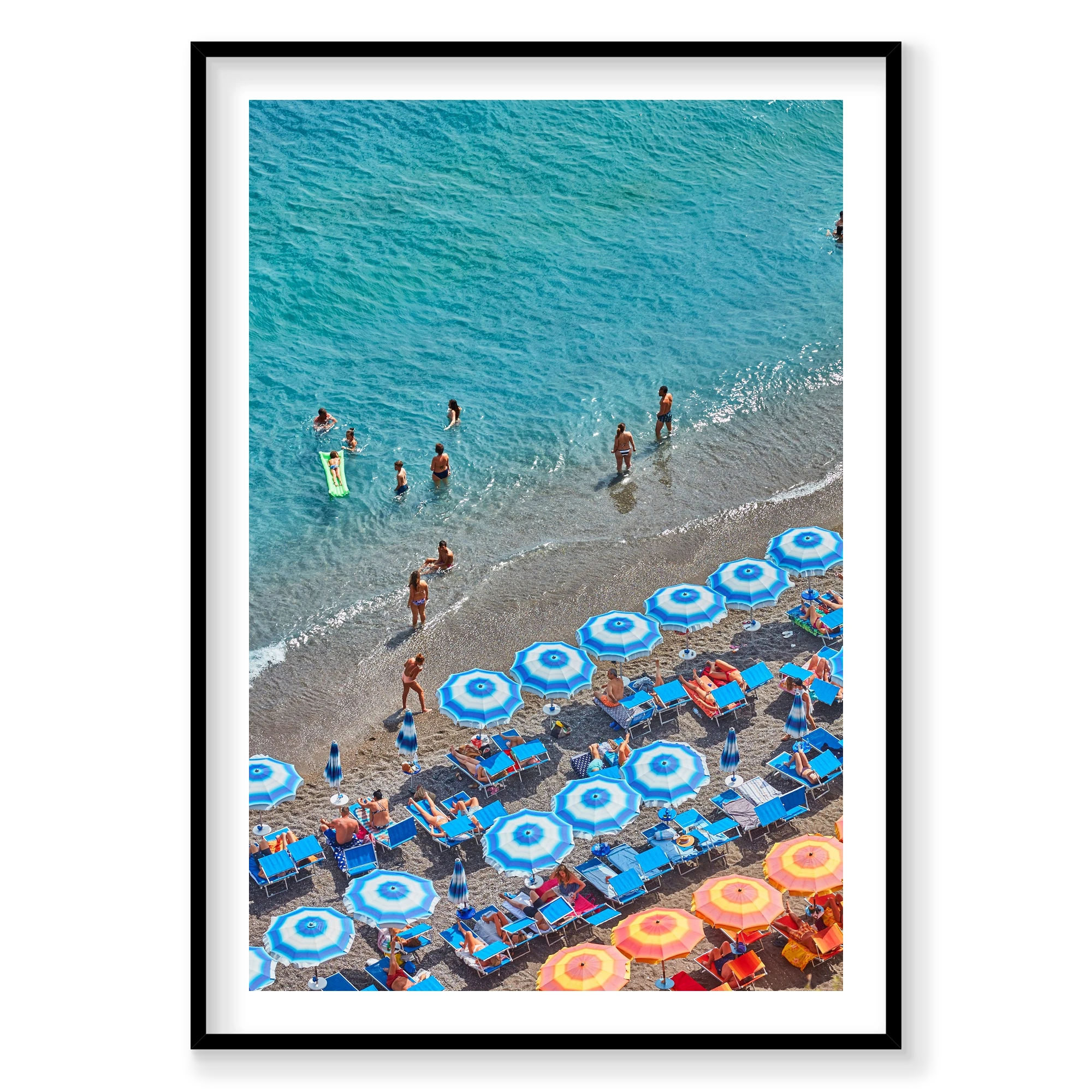 Blue Umbrellas Positano, Italy, Vertical Print, black Victorian Ash frame