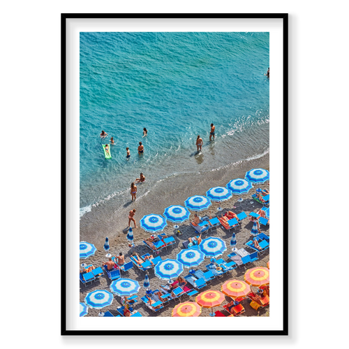 Blue Umbrellas Positano, Italy, Vertical Print, black Victorian Ash frame