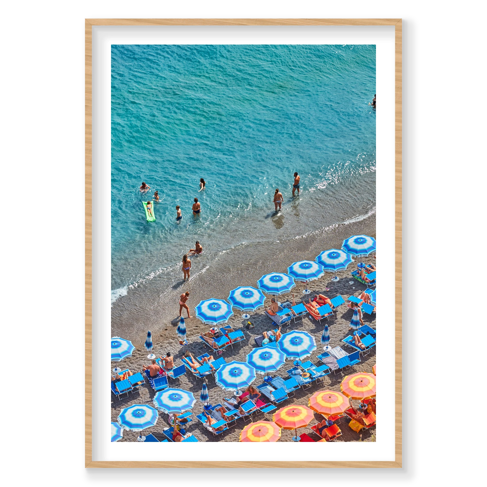 Blue Umbrellas Positano, Italy, Vertical Print, natural Victorian Ash frame