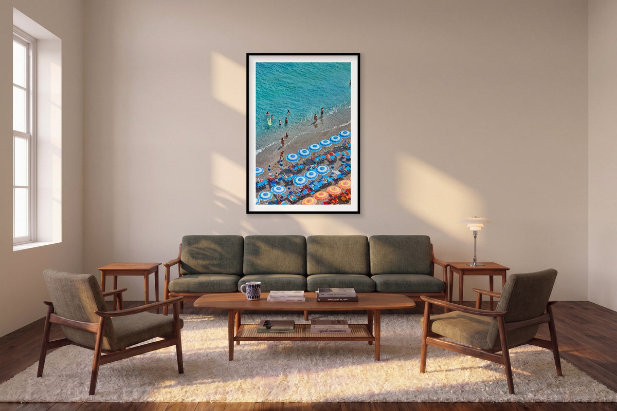 Blue Umbrellas Positano, Italy, Vertical Print shown framed in a living room