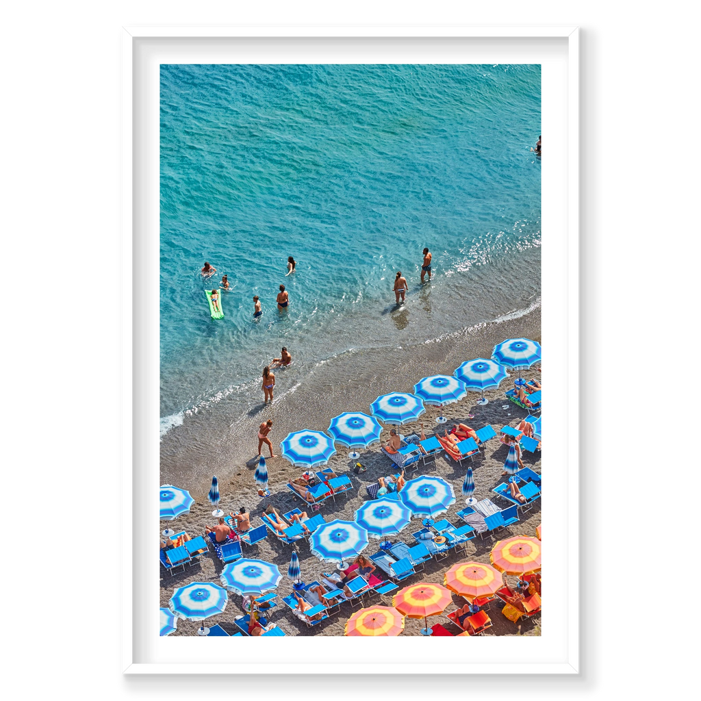 Blue Umbrellas Positano, Italy, Vertical Print, white Victorian Ash frame
