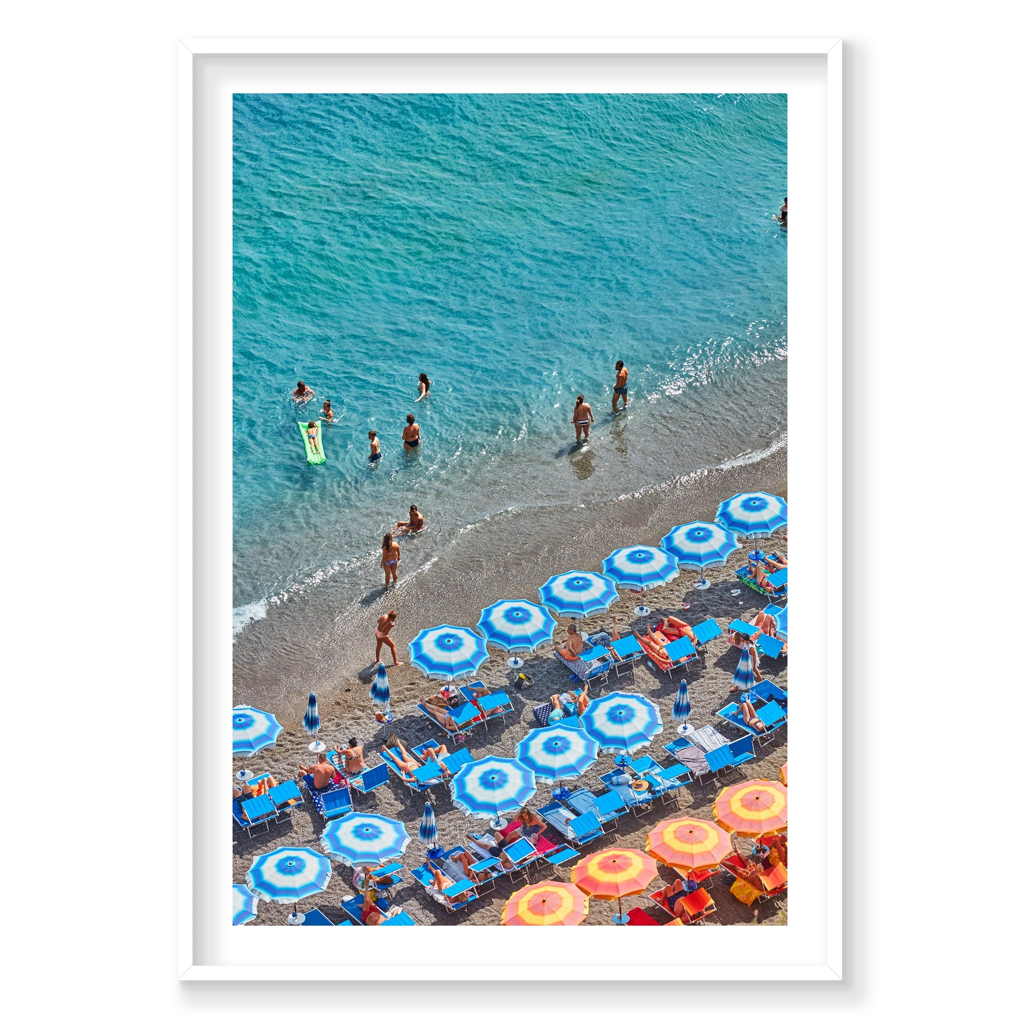 Blue Umbrellas Positano, Italy, Vertical Print, white Victorian Ash frame