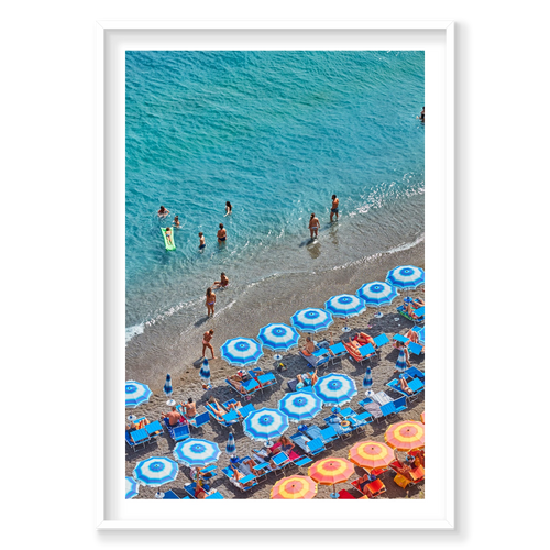 Blue Umbrellas Positano, Italy, Vertical Print, white Victorian Ash frame