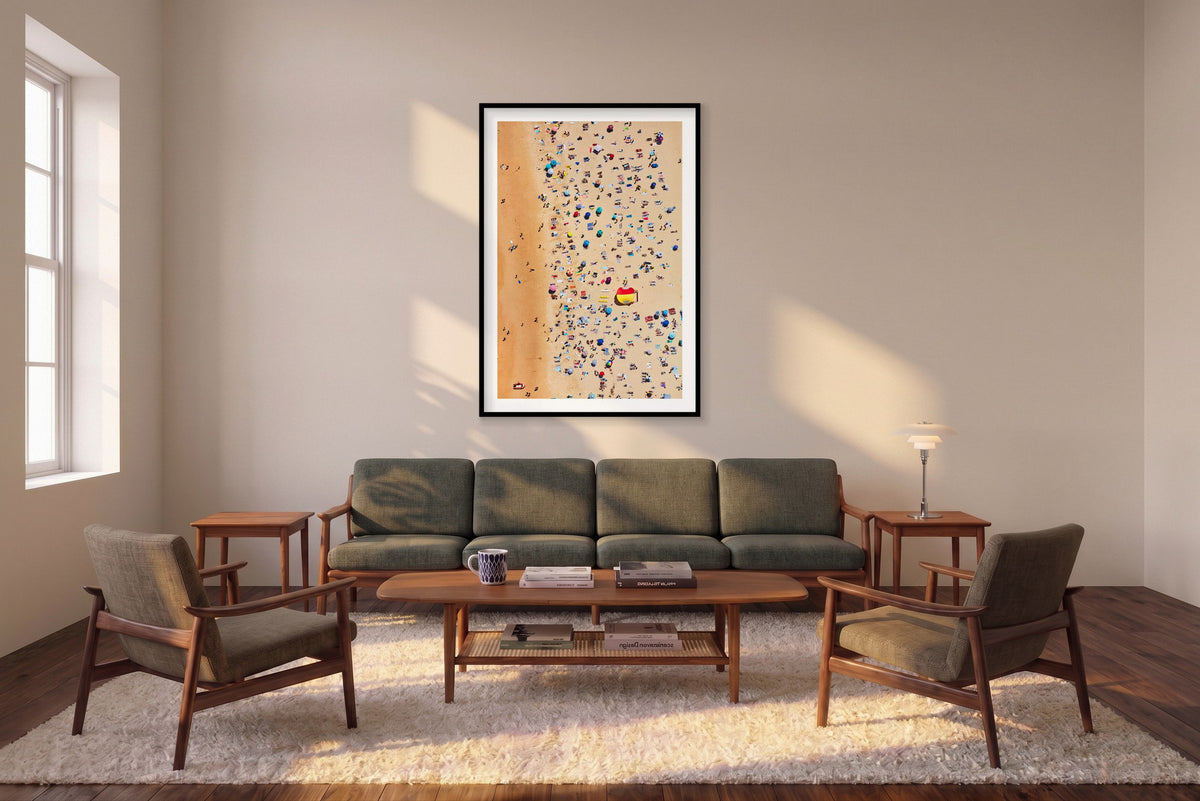 Bondi Beach Sunbathers, Vertical Print shown framed in a living room