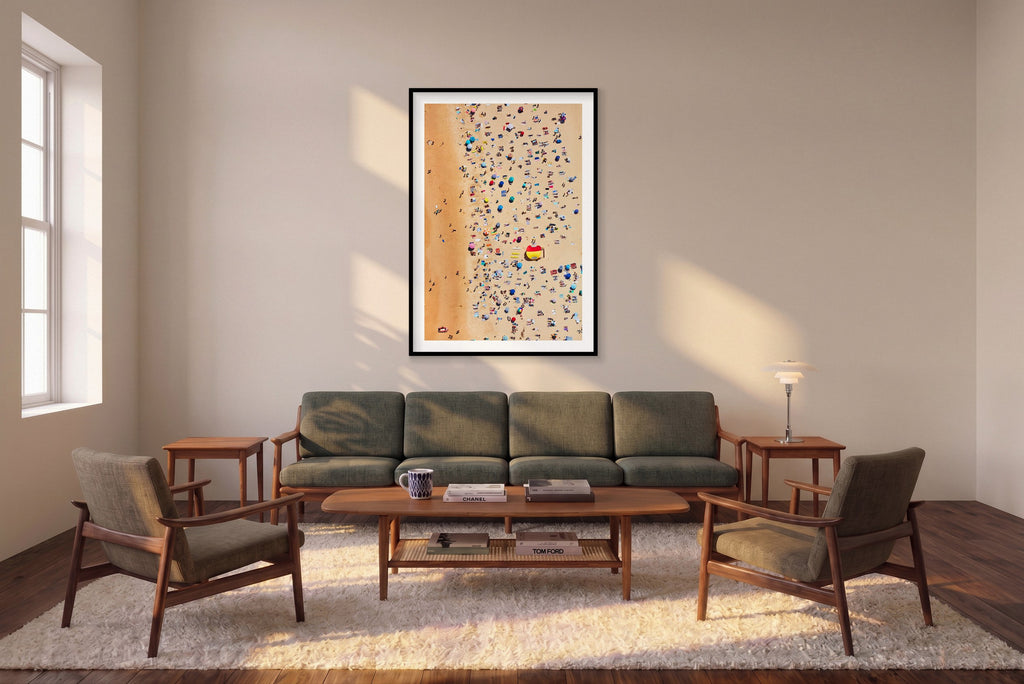Bondi Beach Sunbathers, Vertical Print shown framed in a living room