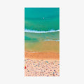 Aerial view of Bondi Beach with turquoise ocean, white waves, and colorful beach umbrellas, quick-dry beach towel by Remy Gerega