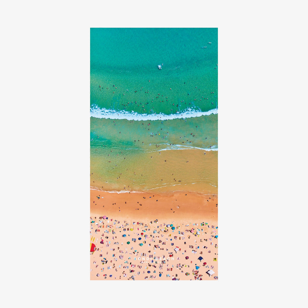 Aerial view of Bondi Beach with turquoise ocean, white waves, and colorful beach umbrellas, quick-dry beach towel by Remy Gerega