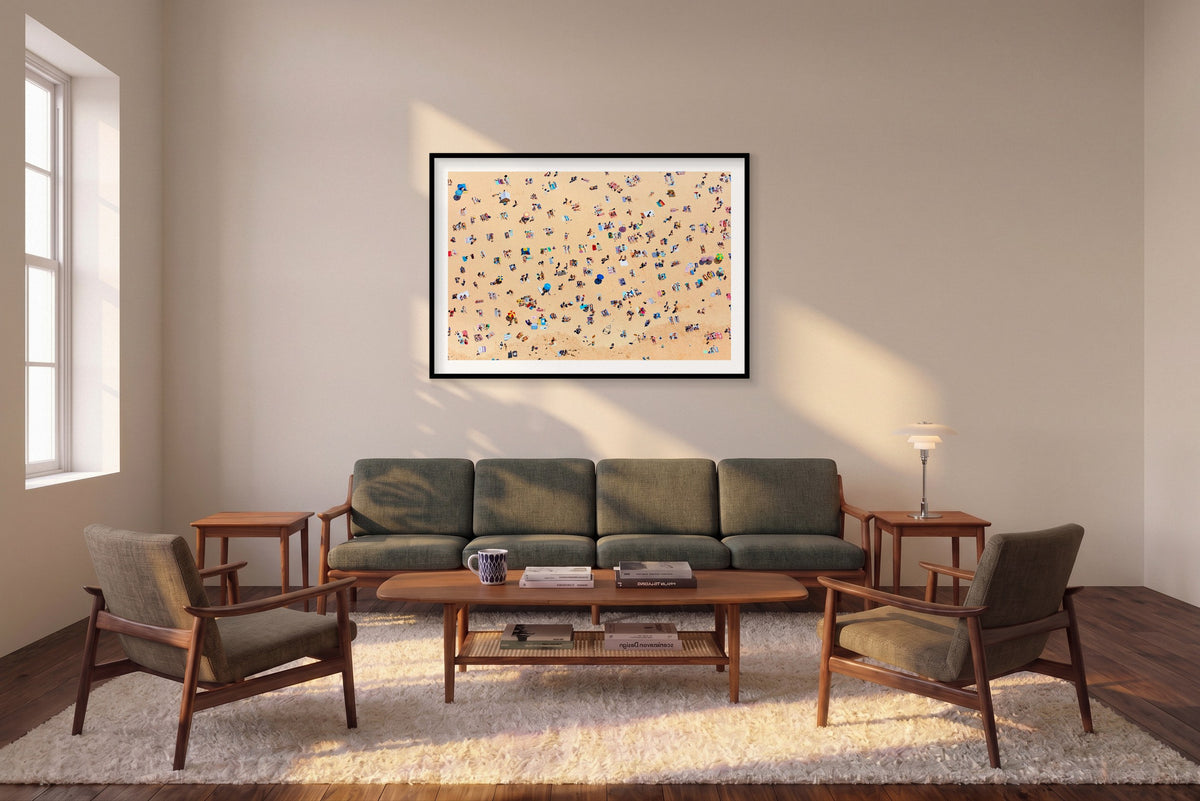 Bondi Beach Sunbathers, Horizontal Print shown framed in a living room